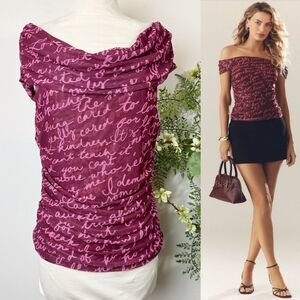 Maeve * Off-The-Shoulder Ruched Mesh Script Top Burgundy Pink XL Anthropologie